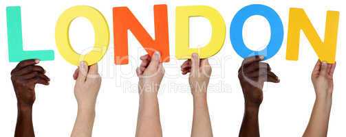 Multikulturell People Gruppe halten das Wort London