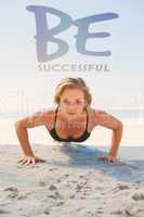 Composite image of fit blonde in plank position on the beach