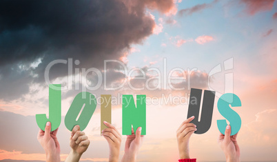 Composite image of hands holding up join us