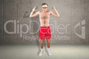 Composite image of geeky shirtless hipster flexing biceps