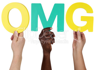 Multikulturell People Gruppe halten das Wort OMG
