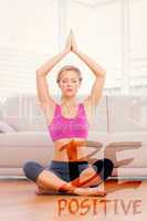 Composite image of calm blonde meditating in lotus pose with arm