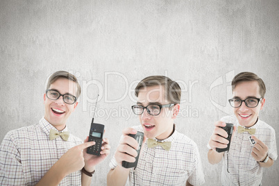 Composite image of nerd with tape recorder