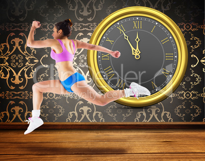 Composite image of fit brunette running and jumping