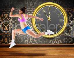 Composite image of fit brunette running and jumping