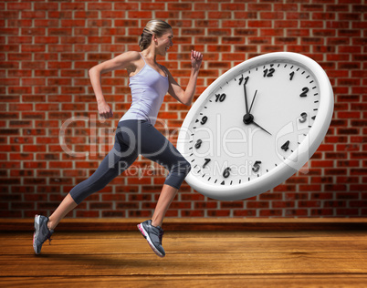 Composite image of pretty fit blonde jogging