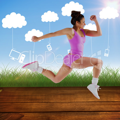 Composite image of fit brunette running and jumping