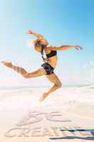 Composite image of fit blonde jumping gracefully on the beach