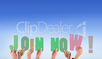 Composite image of hands holding up join now