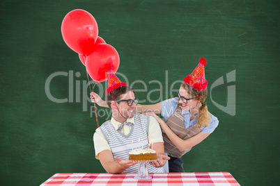 Composite image of geeky hipster couple celebrating his birthday