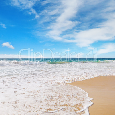 ocean, sandy beach and blue sky