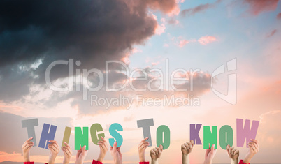 Composite image of hands holding up things to know