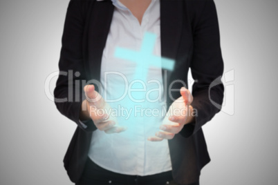 Composite image of businesswomans hands presenting