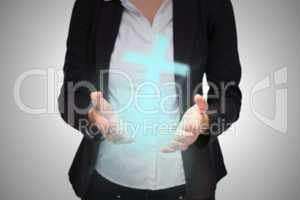 Composite image of businesswomans hands presenting