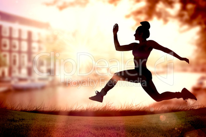 Composite image of fit brunette running and jumping