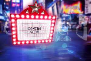 Composite image of neon coming soon sign