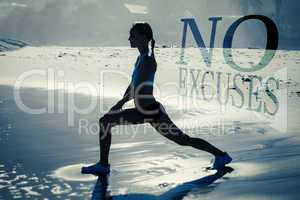 Composite image of fit woman doing lunges on the beach