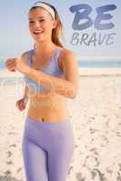 Composite image of sporty blonde jogging on the beach