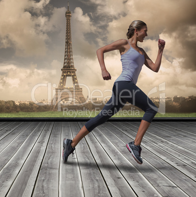 Composite image of pretty fit blonde jogging