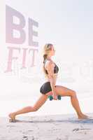 Composite image of fit blonde doing weighted lunges on the beach