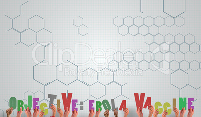Composite image of hands holding up ebola vaccine