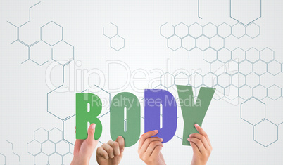Composite image of hands holding up body