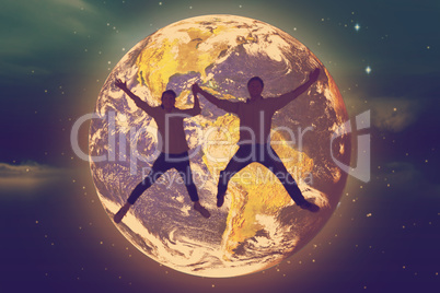 Composite image of couple jumping and holding hands