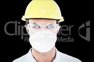 Composite image of worker wearing protective mask and glasses