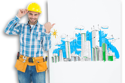 Composite image of happy repairman pointing towards blank billbo