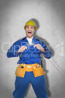 Composite image of repairman screaming while holding wires