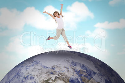 Composite image of happy girl jumping