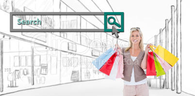 Composite image of happy blonde holding shopping bags