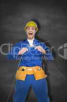 Composite image of repairman screaming while holding wires