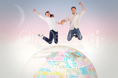 Composite image of couple jumping and holding hands