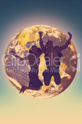 Composite image of geeky hipsters jumping and smiling