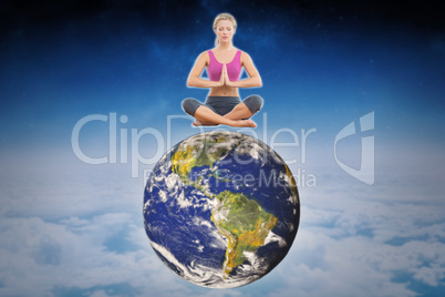 Composite image of calm blonde sitting in lotus pose with hands