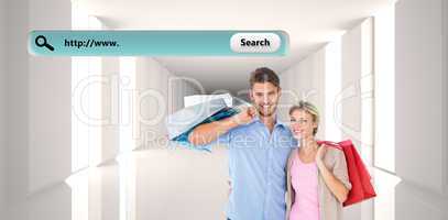 Composite image of attractive young couple holding shopping bags