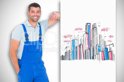 Composite image of happy repairman leaning on blank placard