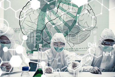 Composite image of chemists working with futuristic interface sh
