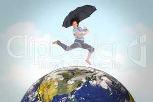 Composite image of happy classy businesswoman jumping while hold