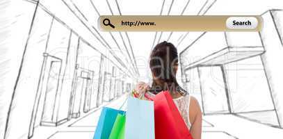 Composite image of rear view of brunette holding shopping bags