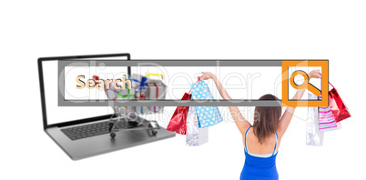 Composite image of rear view of a brunette woman raising shoppin