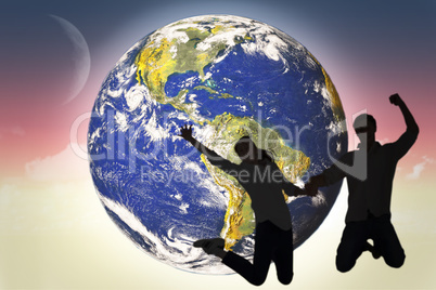 Composite image of couple jumping and holding hands