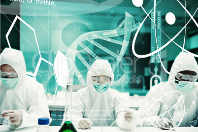 Composite image of scientists working in protective suite with f