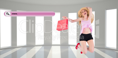 Composite image of pretty young blonde holding shopping bags