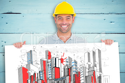 Composite image of happy handyman holding placard on white backg
