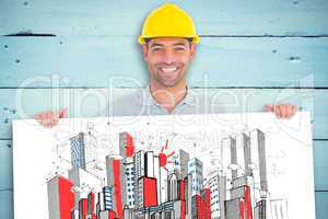 Composite image of happy handyman holding placard on white backg