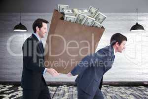 Composite image of businessmen carrying bag of dollars