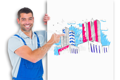 Composite image of repairman in overalls pointing at placard