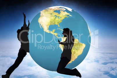 Composite image of couple jumping in the air